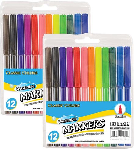BAZIC Washable Markers Fine Line 12 Color, Thin Tip Coloring Marker, Non Toxic Marcadorc Art School Supplies, Drawing Gift (12/Pack), 1-Pack in Saudi Arabia