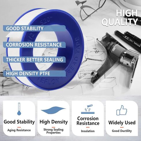 4 Rolls Teflon Tape,Plumbers Tape(1/2 Inch X 520 Inches),PTFE Tape for Sealing Tape,Plumbing Tape,Sealant Tape,Thread Seal Tape for Shower Head,Water Pipe,Prevent Leakage,Thicker in Saudi Arabia