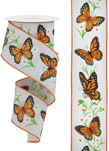 Butterflies & Daisies Wired Edge Ribbon, 10 Yards (2.5 Inch, Off White) in Kuwait