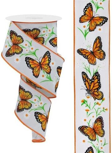 Butterflies & Daisies Wired Edge Ribbon, 10 Yards (2.5 Inch, Off White) in Kuwait