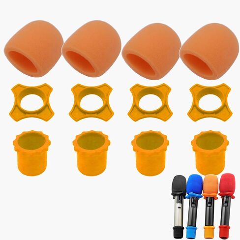 4 Set Orange Wireless Handheld Microphone Protection Kit - Shakeproof Anti-Rolling Silicone Ring, Bottom Rod Sleeve Holder, Windscreen Foam Cover for KTV Mic Device in Saudi Arabia