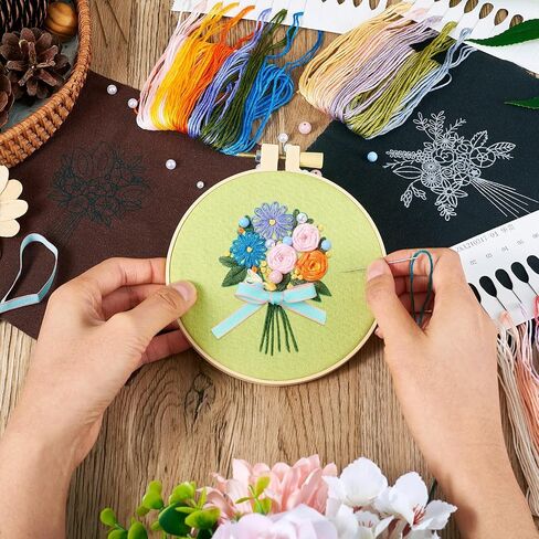 Spritewelry 2 مجموعات مجموعة التطريز للمبتدئين Art Craft Shicking Shice Practice Kit مع تعليمات ملابس التطريز مع نمط ، أطواق ، تعليمات ، أدوات إبرة الخيوط الملونة in Kuwait