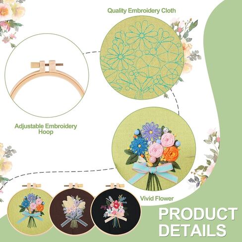 Spritewelry 2 مجموعات مجموعة التطريز للمبتدئين Art Craft Shicking Shice Practice Kit مع تعليمات ملابس التطريز مع نمط ، أطواق ، تعليمات ، أدوات إبرة الخيوط الملونة in Kuwait