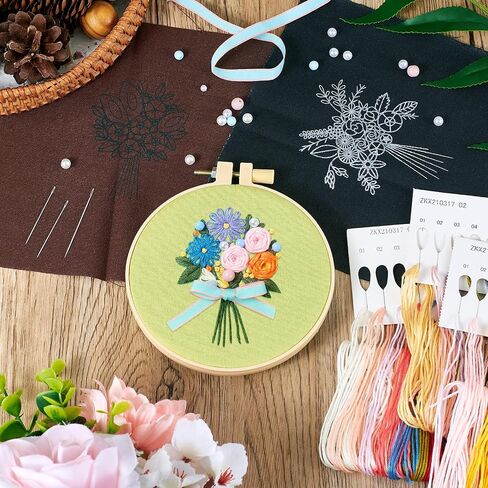 Spritewelry 2 مجموعات مجموعة التطريز للمبتدئين Art Craft Shicking Shice Practice Kit مع تعليمات ملابس التطريز مع نمط ، أطواق ، تعليمات ، أدوات إبرة الخيوط الملونة in Kuwait