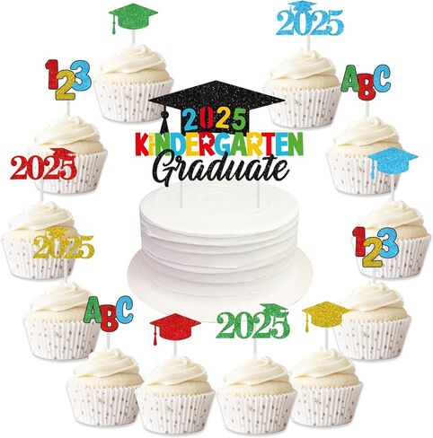 KREATWOW رياض الأطفال تخرج كعكة توبر 2025 مع مرحلة ما قبل المدرسة كب كيك أعلى القبعات 25pcs فئة 2025 زخارف تخرج ما قبل ك. in Kuwait