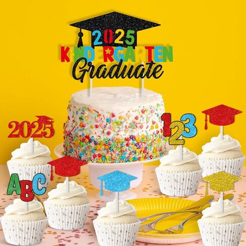 KREATWOW رياض الأطفال تخرج كعكة توبر 2025 مع مرحلة ما قبل المدرسة كب كيك أعلى القبعات 25pcs فئة 2025 زخارف تخرج ما قبل ك. in Kuwait