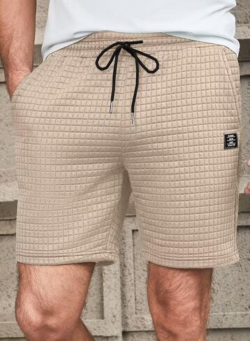 شورت رجالي كاجوال بنمط وافل بخصر مطاطي برباط للتمرين والجري مع جيبين in Kuwait