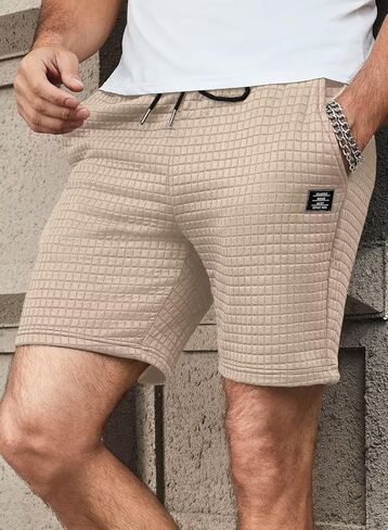 شورت رجالي كاجوال بنمط وافل بخصر مطاطي برباط للتمرين والجري مع جيبين in Kuwait