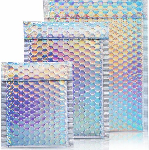 50 Pieces Metallic Bubble Mailers,3 Sizes Holographic Bubble Mailers, Rainbow Foil Glitter Padded Envelopes, Self Sealing Waterproof Shipping Bags for Mailing Packaging in Kuwait