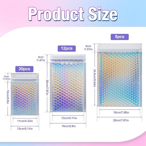 50 Pieces Metallic Bubble Mailers,3 Sizes Holographic Bubble Mailers, Rainbow Foil Glitter Padded Envelopes, Self Sealing Waterproof Shipping Bags for Mailing Packaging in Kuwait