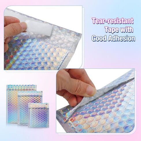 50 Pieces Metallic Bubble Mailers,3 Sizes Holographic Bubble Mailers, Rainbow Foil Glitter Padded Envelopes, Self Sealing Waterproof Shipping Bags for Mailing Packaging in Kuwait