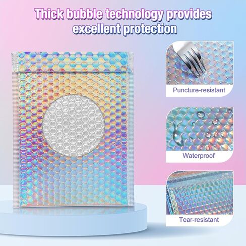 50 Pieces Metallic Bubble Mailers,3 Sizes Holographic Bubble Mailers, Rainbow Foil Glitter Padded Envelopes, Self Sealing Waterproof Shipping Bags for Mailing Packaging in Kuwait