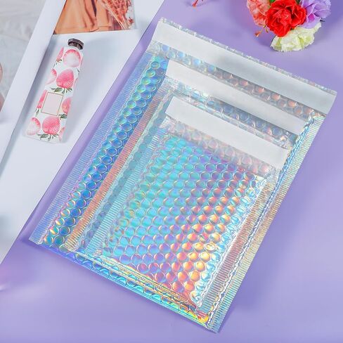 50 Pieces Metallic Bubble Mailers,3 Sizes Holographic Bubble Mailers, Rainbow Foil Glitter Padded Envelopes, Self Sealing Waterproof Shipping Bags for Mailing Packaging in Kuwait