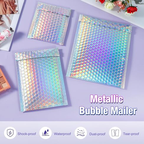 50 Pieces Metallic Bubble Mailers,3 Sizes Holographic Bubble Mailers, Rainbow Foil Glitter Padded Envelopes, Self Sealing Waterproof Shipping Bags for Mailing Packaging in Kuwait