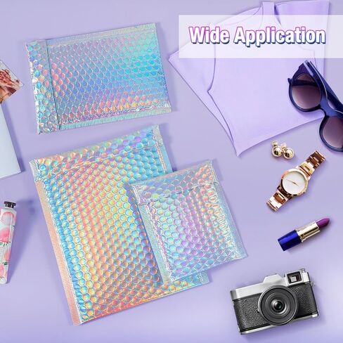 50 Pieces Metallic Bubble Mailers,3 Sizes Holographic Bubble Mailers, Rainbow Foil Glitter Padded Envelopes, Self Sealing Waterproof Shipping Bags for Mailing Packaging in Kuwait