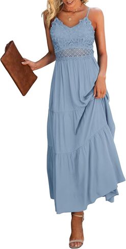 Dokuritu Women's Beach Crochet Lace Maxi Dress Solid Color Summer Vacation Spaghetti Strap Long Dress 2024 in Kuwait