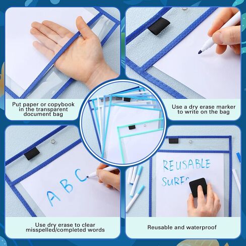 24 Pack Dry Erase Pocket Reusable Sleeves 10" x 14" Clear Plastic Sheet Protectors with Dry Erase Markers and Mini Sleeves Paper Teacher Supplies(Rainforest Green) in Kuwait