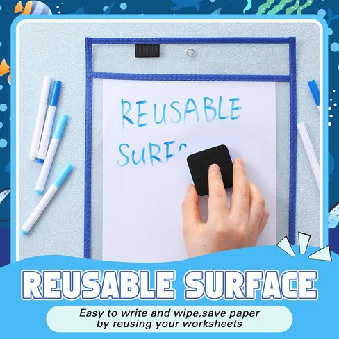 24 Pack Dry Erase Pocket Reusable Sleeves 10" x 14" Clear Plastic Sheet Protectors with Dry Erase Markers and Mini Sleeves Paper Teacher Supplies(Rainforest Green) in Kuwait