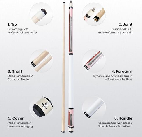 Big Cat Timeless Legacy Pool Cue Stick - Grade A Canadian Maple, 12.5mm Professional Leather Tip, 58" Length, Premium Billiard Cue for Adults – Home or Tournament Play - 19oz, Paint VII Dynamite Black in Kuwait