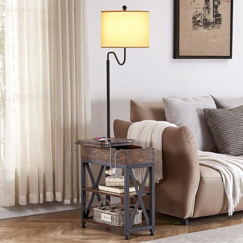Dungoo Floor Lamp with Table, Narrow End Table with Lamp, Bedside Nightstand with USB & Type-C Ports and 2 Outlets, Rustic Side Table with Storage Shelf, End Table with Lamp for Living Room in Saudi Arabia