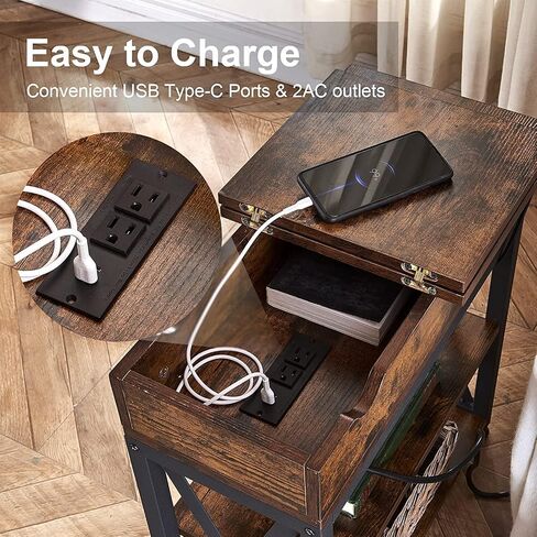 Dungoo Floor Lamp with Table, Narrow End Table with Lamp, Bedside Nightstand with USB & Type-C Ports and 2 Outlets, Rustic Side Table with Storage Shelf, End Table with Lamp for Living Room in Saudi Arabia