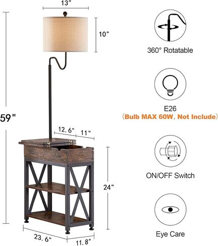 Dungoo Floor Lamp with Table, Narrow End Table with Lamp, Bedside Nightstand with USB & Type-C Ports and 2 Outlets, Rustic Side Table with Storage Shelf, End Table with Lamp for Living Room in Saudi Arabia