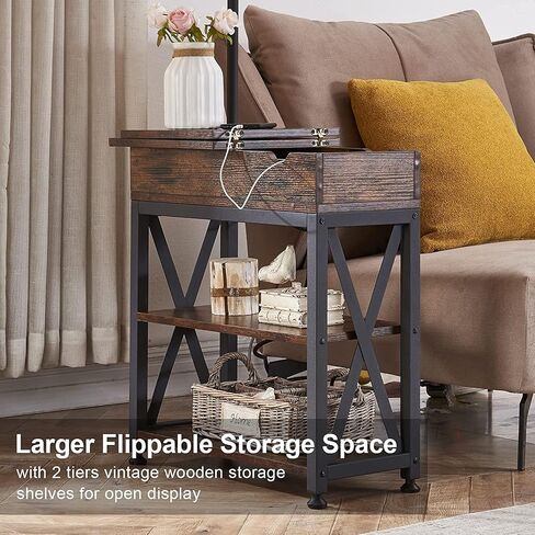 Dungoo Floor Lamp with Table, Narrow End Table with Lamp, Bedside Nightstand with USB & Type-C Ports and 2 Outlets, Rustic Side Table with Storage Shelf, End Table with Lamp for Living Room in Saudi Arabia
