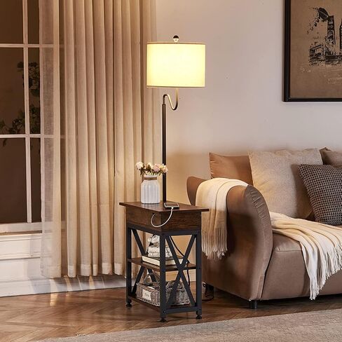 Dungoo Floor Lamp with Table, Narrow End Table with Lamp, Bedside Nightstand with USB & Type-C Ports and 2 Outlets, Rustic Side Table with Storage Shelf, End Table with Lamp for Living Room in Saudi Arabia