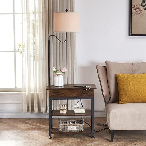 Dungoo Floor Lamp with Table, Narrow End Table with Lamp, Bedside Nightstand with USB & Type-C Ports and 2 Outlets, Rustic Side Table with Storage Shelf, End Table with Lamp for Living Room in Saudi Arabia