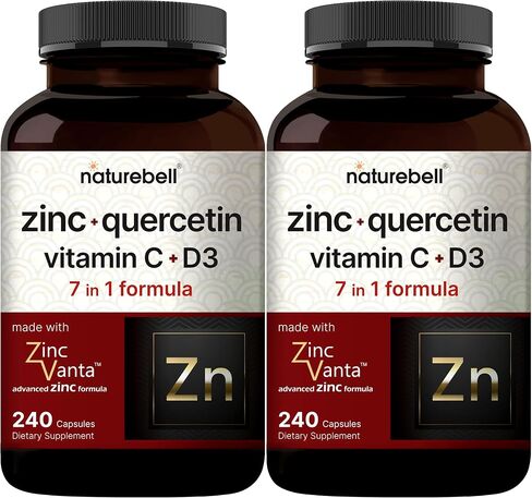 عبوتان من كيرسيتين الزنك من Naturebell مع فيتامين C وD3، 120 كبسولة، كيرسيتين 1000 مجم، 4 في 1 زنك 50 مجم، فيتامين C 250 مجم، فيتامين D3 5000 وحدة دولية - دفاع مناعي متقدم، زنك فانتا، دعم الرئة in Saudi Arabia