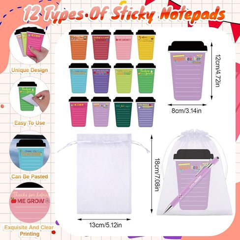 36 Pack /108 Pcs Teacher Appreciation Gifts Bulk Coffee Cup Shaped Notepads with Pens Organza Bags Inspirational Coffee Sticky Notes Thank You Gift for Teacher Staff Office Graduation Supplies in Kuwait