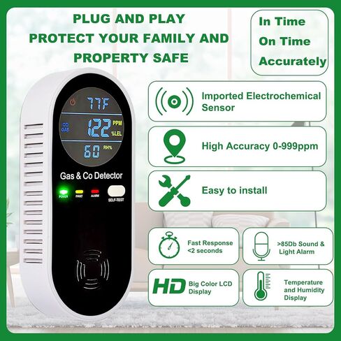 Carbon Monoxide Detectors Plug in Wall,Vzmcov Carbon Monoxide Detector with Humidity and Temperature Display,3 in 1 CO Alarm Monitor with Color LCD Display for Home(2 Pack) in Saudi Arabia