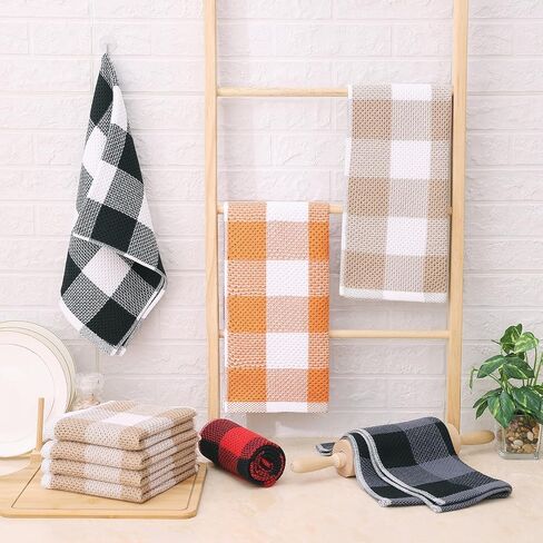 Homaxy 100% Cotton Waffle Weave Check Plaid Kitchen Towels, 13 x 28 Inches, Super Soft and Absorbent Dish Towels for Drying Dishes, 4-Pack, White & Black in Saudi Arabia