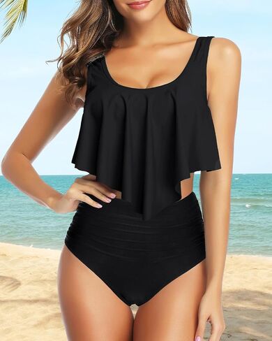 Tempt Me Two Piece Bikini Swimsuit for Women Ruffled Flounce Top with High Waisted Ruched Bottom Bathing Suit in Saudi Arabia