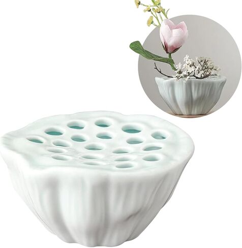 Lotus Pod Flower Arrangement Vase, Ceramic Flower Frog Pot, Ikebana Stem Holder, Decorative Flower Frog Container, Floral Arrangement Bowl for Tea Table, Ceramic Flower Vase Kenzan (Light Cyan) in Kuwait