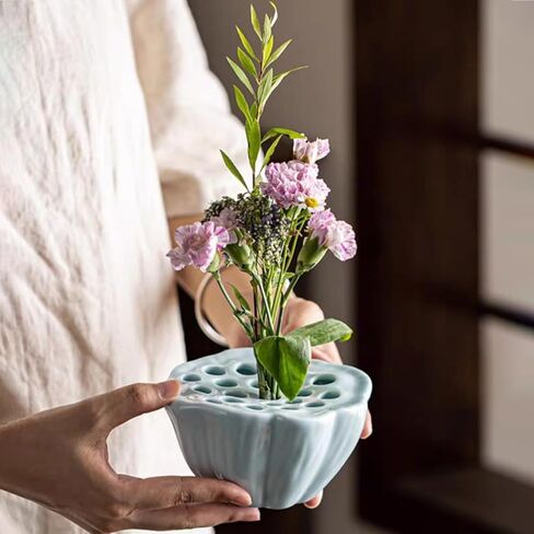 Lotus Pod Flower Arrangement Vase, Ceramic Flower Frog Pot, Ikebana Stem Holder, Decorative Flower Frog Container, Floral Arrangement Bowl for Tea Table, Ceramic Flower Vase Kenzan (Light Cyan) in Kuwait