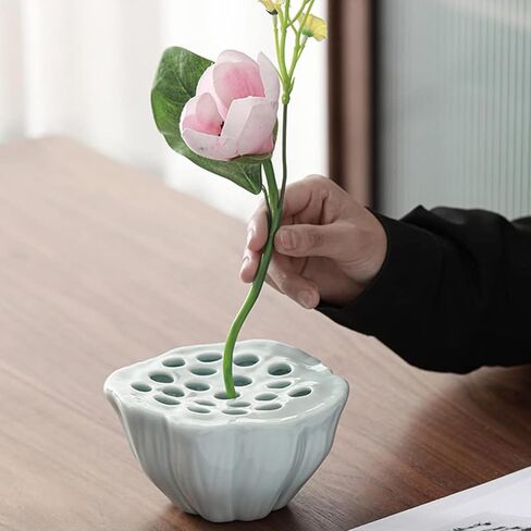 Lotus Pod Flower Arrangement Vase, Ceramic Flower Frog Pot, Ikebana Stem Holder, Decorative Flower Frog Container, Floral Arrangement Bowl for Tea Table, Ceramic Flower Vase Kenzan (Light Cyan) in Kuwait