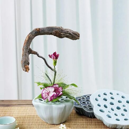 Lotus Pod Flower Arrangement Vase, Ceramic Flower Frog Pot, Ikebana Stem Holder, Decorative Flower Frog Container, Floral Arrangement Bowl for Tea Table, Ceramic Flower Vase Kenzan (Light Cyan) in Kuwait