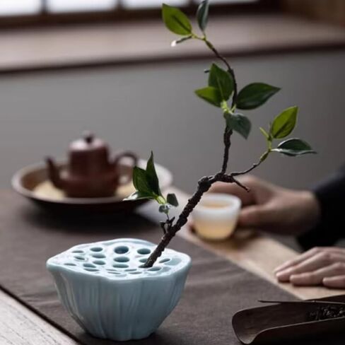 Lotus Pod Flower Arrangement Vase, Ceramic Flower Frog Pot, Ikebana Stem Holder, Decorative Flower Frog Container, Floral Arrangement Bowl for Tea Table, Ceramic Flower Vase Kenzan (Light Cyan) in Kuwait