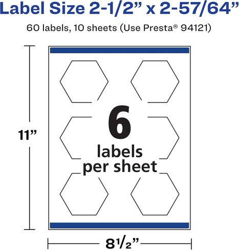 ملصقات سداسية متين مقاوم للماء مع تغذية مؤكدة ، 2-1/2 "× 2-57/64" ، 60 ملصقات مقاومة للماء مقاومة للدموع ، وطباعة الحبر القابلة للطباعة على الحافة والليزر/الصباغ in Kuwait