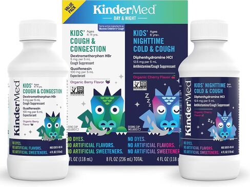 دواء السعال والاحتقان للأطفال من KinderMed، تخفيف السعال والاحتقان متعدد الأعراض للأطفال، نكهة التوت العضوي، 4 أونصة سائلة in Kuwait