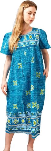 Loungees Short Sleeve Blue Border Print Cotton Lounge Dress | 3 Button Bib Yoke in Kuwait