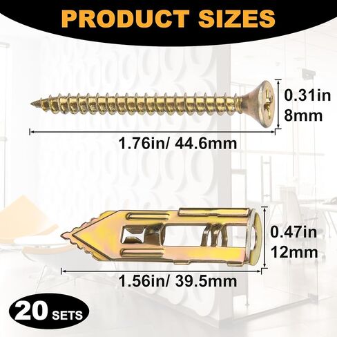 20pcs Self-Drilling Drywall Anchors with Screw, Zinc Plated Steel Drywall Anchors and Screws Kit, Heavy Duty No Drill Dry Wall Expansion Screw for Hanging Frames Wall Lamps Curtains- Gold in Saudi Arabia