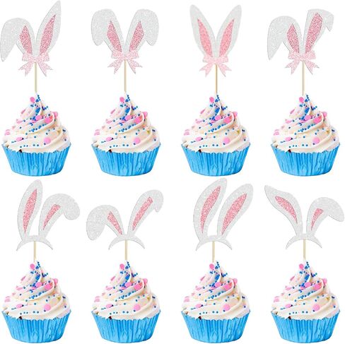 24Pcs Easter Bunny Ear Cupcake Toppers, Happy Easter Cupcake Decorations, Glitter Rabbit Ear Cake Topper for Easter's Theme Birthday Baby Shower Party Supplies in Saudi Arabia