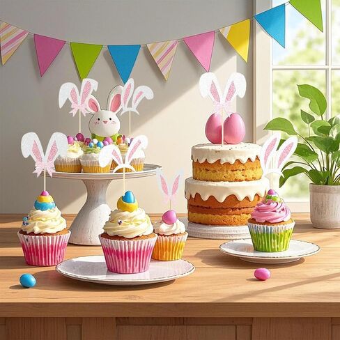 24Pcs Easter Bunny Ear Cupcake Toppers, Happy Easter Cupcake Decorations, Glitter Rabbit Ear Cake Topper for Easter's Theme Birthday Baby Shower Party Supplies in Saudi Arabia