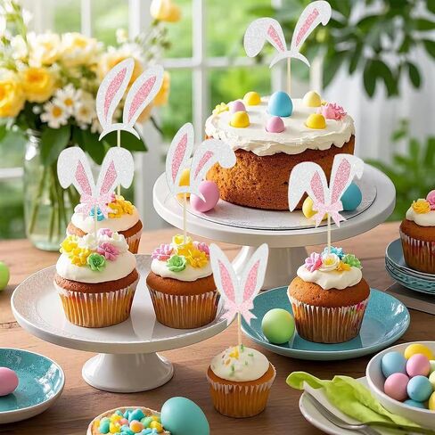 24Pcs Easter Bunny Ear Cupcake Toppers, Happy Easter Cupcake Decorations, Glitter Rabbit Ear Cake Topper for Easter's Theme Birthday Baby Shower Party Supplies in Saudi Arabia