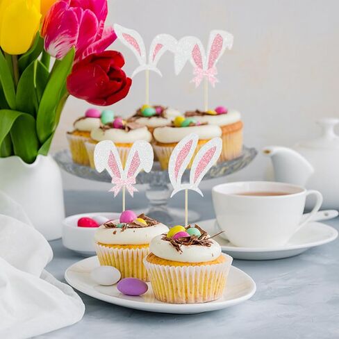 24Pcs Easter Bunny Ear Cupcake Toppers, Happy Easter Cupcake Decorations, Glitter Rabbit Ear Cake Topper for Easter's Theme Birthday Baby Shower Party Supplies in Saudi Arabia