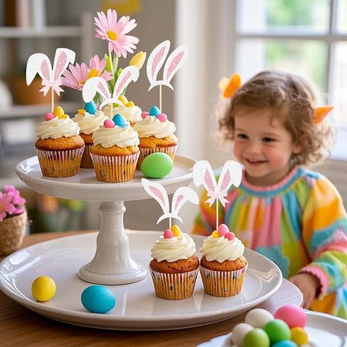 24Pcs Easter Bunny Ear Cupcake Toppers, Happy Easter Cupcake Decorations, Glitter Rabbit Ear Cake Topper for Easter's Theme Birthday Baby Shower Party Supplies in Saudi Arabia