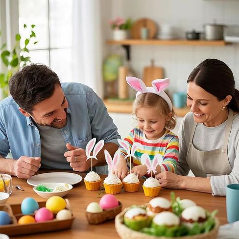 24Pcs Easter Bunny Ear Cupcake Toppers, Happy Easter Cupcake Decorations, Glitter Rabbit Ear Cake Topper for Easter's Theme Birthday Baby Shower Party Supplies in Saudi Arabia