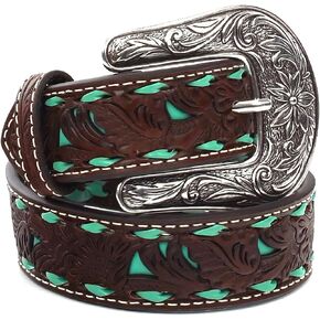 M&F Western Products Youth Floral Tooled Belt with Turquoise Underlay and Buckstitch